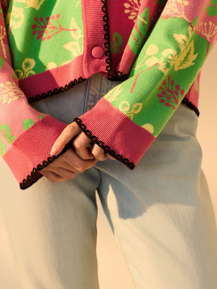 Pink Green Abstract Pattern Knitted Colourful Cardigan - Image 5 of 9