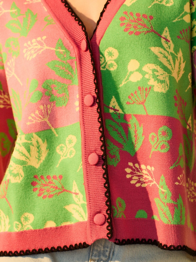 Pink Green Abstract Pattern Knitted Colourful Cardigan - Image 6 of 9