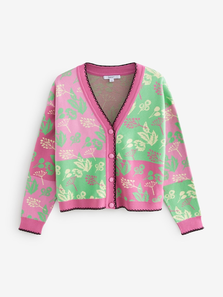 Pink Green Abstract Pattern Knitted Colourful Cardigan - Image 7 of 9