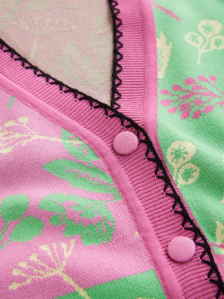 Pink Green Abstract Pattern Knitted Colourful Cardigan - Image 8 of 9