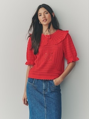 Red 100% Cotton Collared Crochet Short Sleeve Top - Image 1 of 7