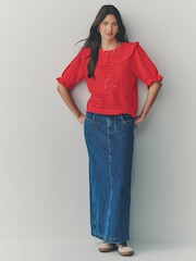 Red 100% Cotton Collared Crochet Short Sleeve Top - Image 2 of 7