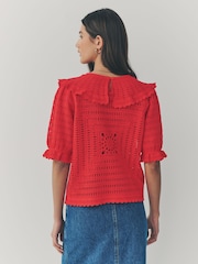 Red 100% Cotton Collared Crochet Short Sleeve Top - Image 3 of 7