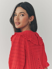 Red 100% Cotton Collared Crochet Short Sleeve Top - Image 4 of 7