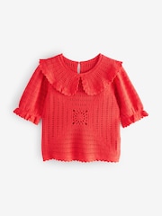 Red 100% Cotton Collared Crochet Short Sleeve Top - Image 5 of 7