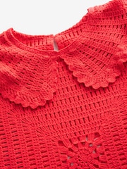 Red 100% Cotton Collared Crochet Short Sleeve Top - Image 6 of 7