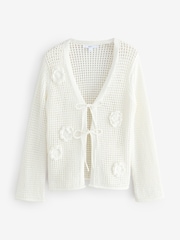 White Ecru Crochet Tie Front Flower Cardigan - Image 5 of 7