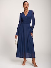 Jolie Moi Blue Long Sleeve Mesh Maxi Dress - Image 1 of 6