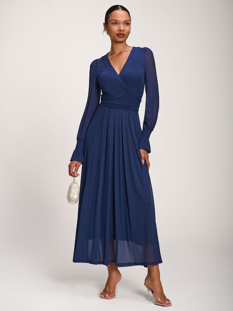 Jolie Moi Blue Long Sleeve Mesh Maxi Dress - Image 1 of 6 Jolie Moi Blue Long Sleeve Mesh Maxi Dress - Image 1 of 6