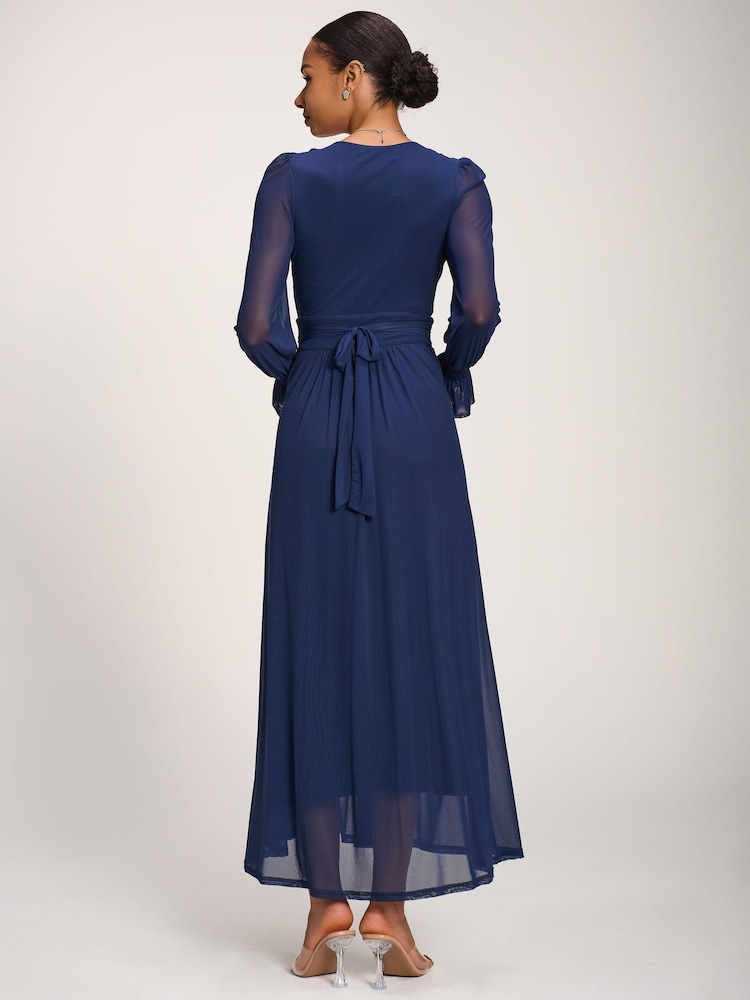 Jolie Moi Blue Long Sleeve Mesh Maxi Dress - Image 2 of 6 Jolie Moi Blue Long Sleeve Mesh Maxi Dress - Image 2 of 6