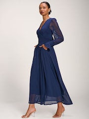 Jolie Moi Blue Long Sleeve Mesh Maxi Dress - Image 4 of 6
