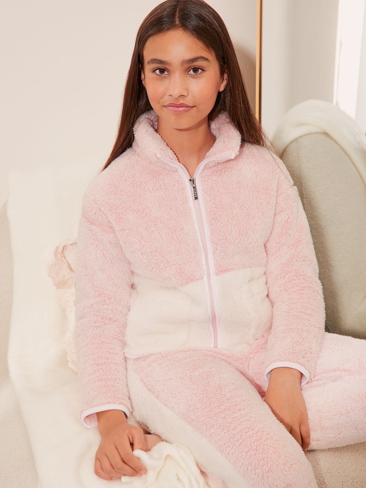 Lipsy Pink Colourblock Soft Touch Borg Pyjamas (5-16yrs) - Image 1 of 4