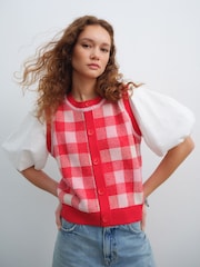 Red Gingham Puff Sleeve Knitted Tank Layer Jumper - Image 1 of 6