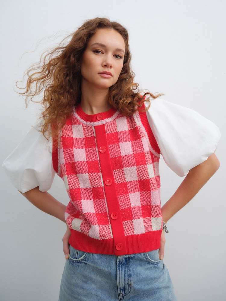 Red Gingham Puff Sleeve Knitted Tank Layer Jumper - Image 1 of 6