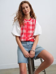 Red Gingham Puff Sleeve Knitted Tank Layer Jumper - Image 2 of 6