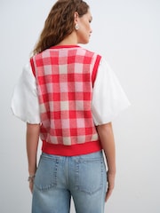 Red Gingham Puff Sleeve Knitted Tank Layer Jumper - Image 3 of 6