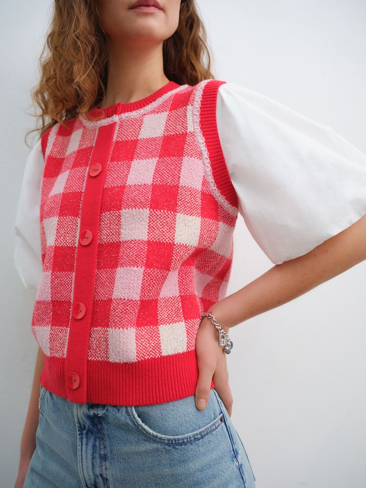 Red Gingham Puff Sleeve Knitted Tank Layer Jumper - Image 4 of 6