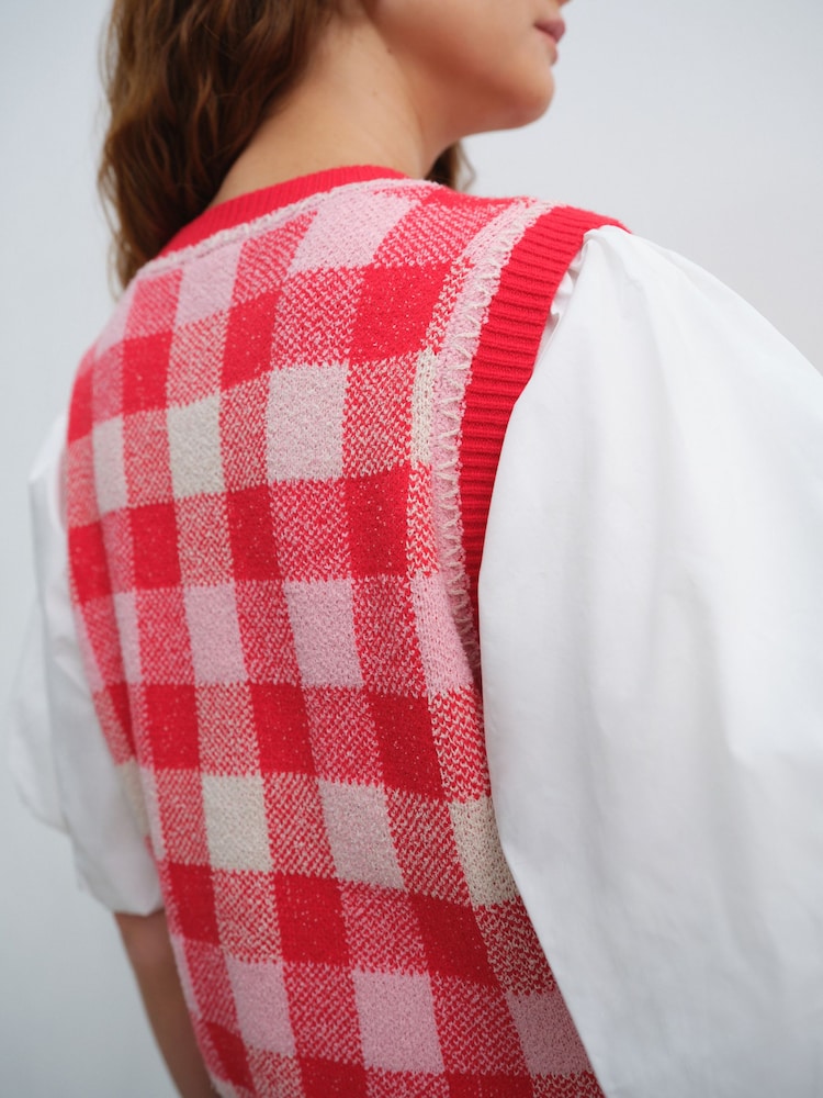 Red Gingham Puff Sleeve Knitted Tank Layer Jumper - Image 5 of 6