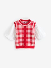 Red Gingham Puff Sleeve Knitted Tank Layer Jumper - Image 6 of 6
