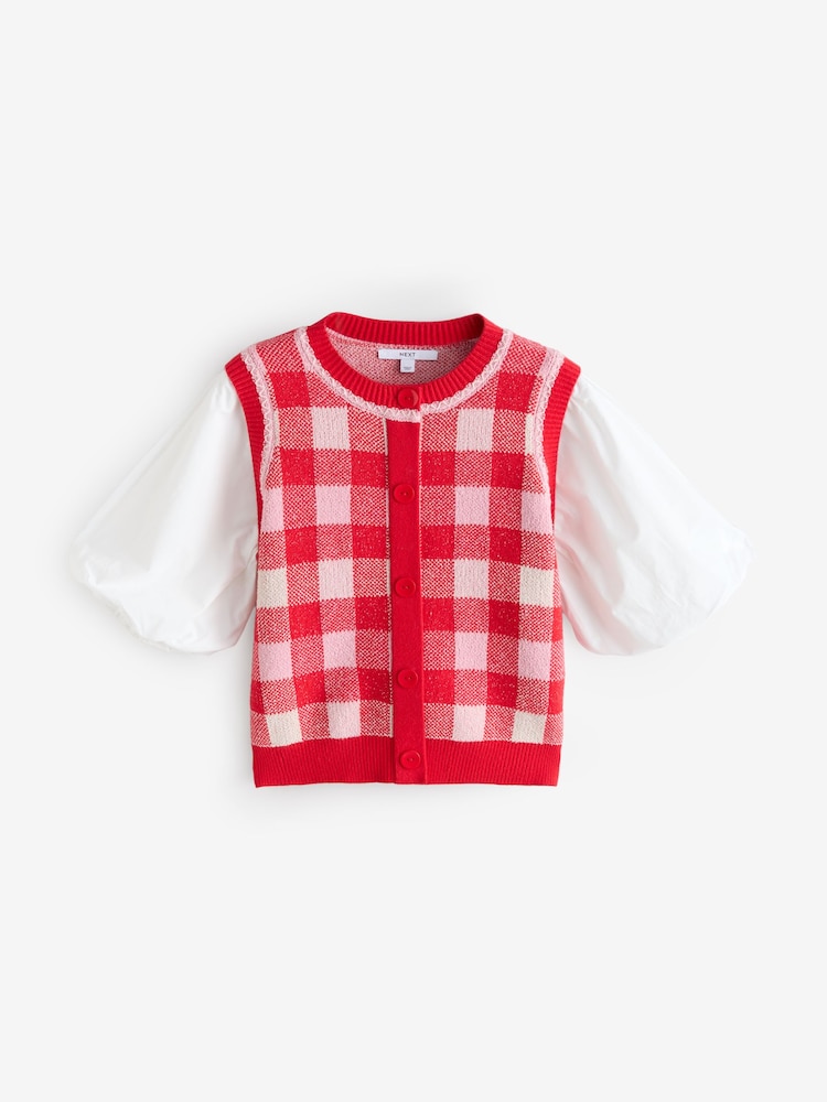 Red Gingham Puff Sleeve Knitted Tank Layer Jumper - Image 6 of 6