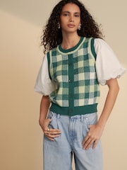 Green Gingham Puff Sleeve Knitted Tank Layer Jumper - Image 1 of 7