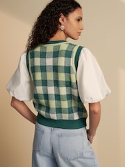 Green Gingham Puff Sleeve Knitted Tank Layer Jumper - Image 2 of 7