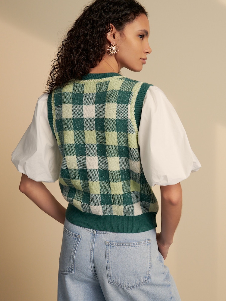 Green Gingham Puff Sleeve Knitted Tank Layer Jumper - Image 2 of 7
