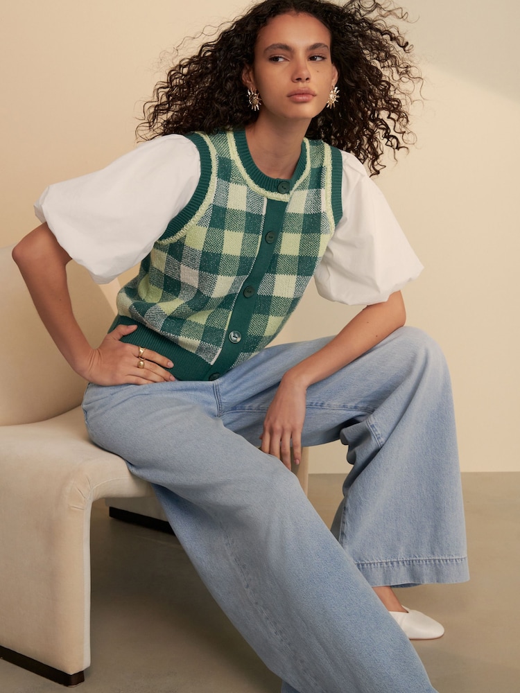 Green Gingham Puff Sleeve Knitted Tank Layer Jumper - Image 3 of 7