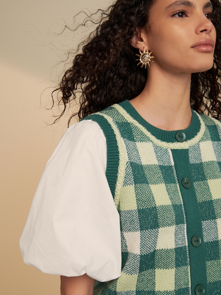 Green Gingham Puff Sleeve Knitted Tank Layer Jumper - Image 4 of 7