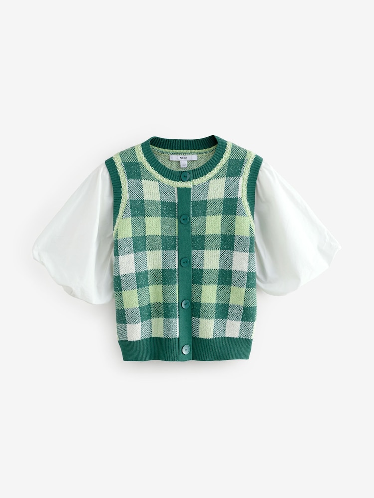 Green Gingham Puff Sleeve Knitted Tank Layer Jumper - Image 5 of 7