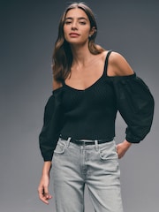 Black Cold Shoulder Volume Sleeve Knitted Top - Image 1 of 7