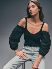 Black Cold Shoulder Volume Sleeve Knitted Top - Image 2 of 7
