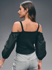 Black Cold Shoulder Volume Sleeve Knitted Top - Image 3 of 7