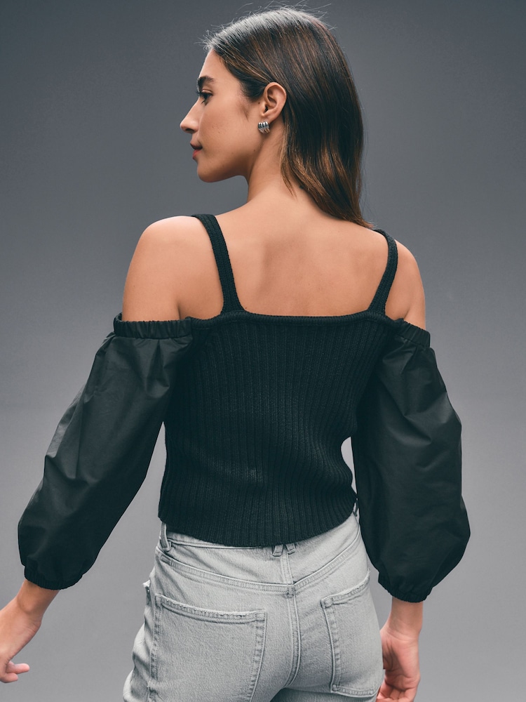 Black Cold Shoulder Volume Sleeve Knitted Top - Image 3 of 7