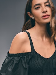 Black Cold Shoulder Volume Sleeve Knitted Top - Image 4 of 7