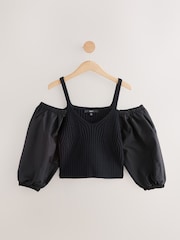 Black Cold Shoulder Volume Sleeve Knitted Top - Image 5 of 7