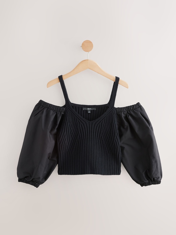 Black Cold Shoulder Volume Sleeve Knitted Top - Image 5 of 7