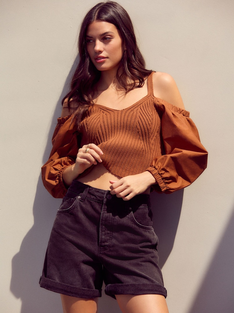Brown Cold Shoulder Volume Sleeve Knitted Top - Image 1 of 7