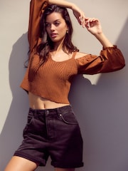 Brown Cold Shoulder Volume Sleeve Knitted Top - Image 2 of 7