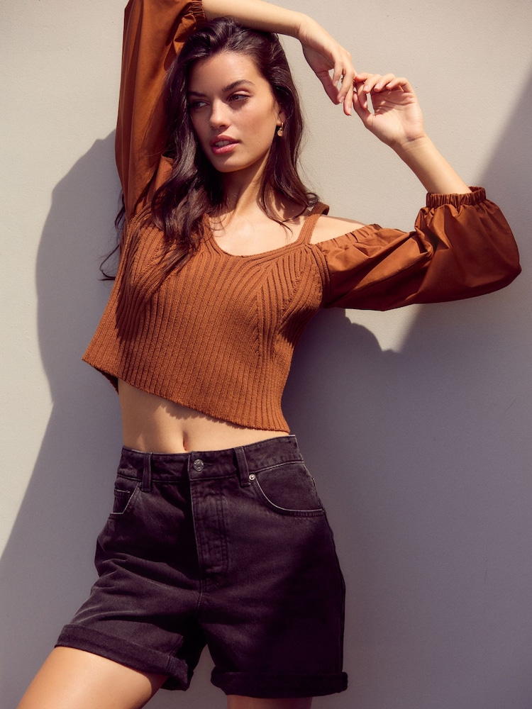 Brown Cold Shoulder Volume Sleeve Knitted Top - Image 2 of 7 Brown Cold Shoulder Volume Sleeve Knitted Top - Image 2 of 7