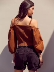 Brown Cold Shoulder Volume Sleeve Knitted Top - Image 3 of 7