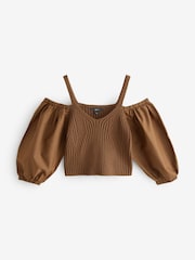 Brown Cold Shoulder Volume Sleeve Knitted Top - Image 5 of 7
