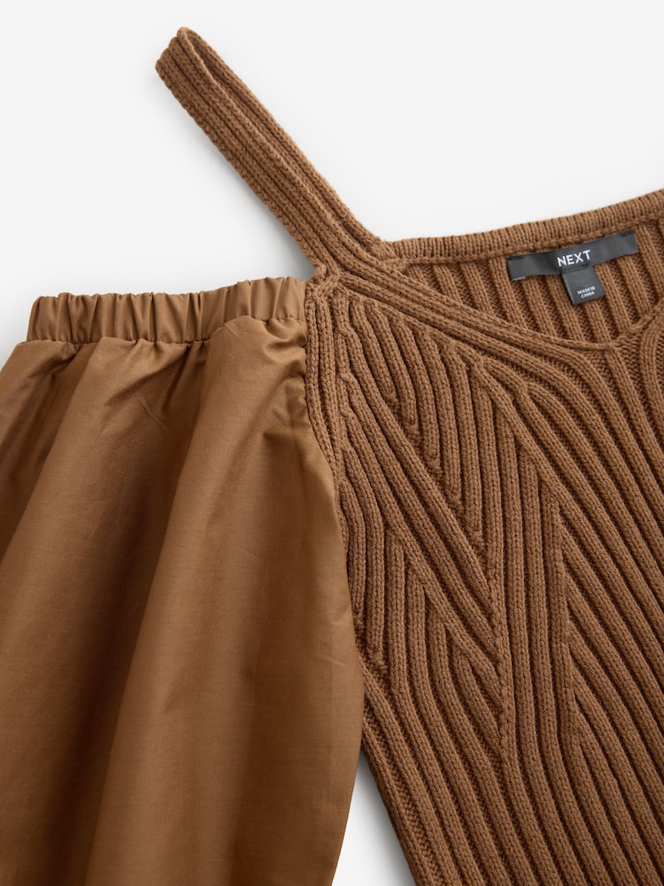 Brown Cold Shoulder Volume Sleeve Knitted Top - Image 7 of 7