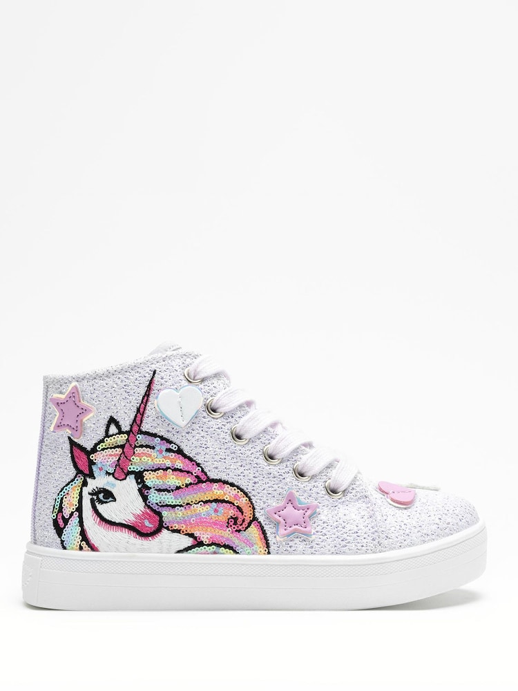 Lelli Kelly Lilac Purple Unicorn Hi Top Trainers - Image 1 of 4 Lelli Kelly Lilac Purple Unicorn Hi Top Trainers - Image 1 of 4