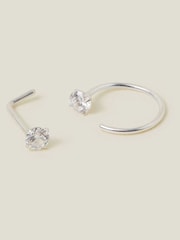 Accessorize Silver Tone Sterling Diamante Nose Stud and Hoop Set - Image 1 of 1