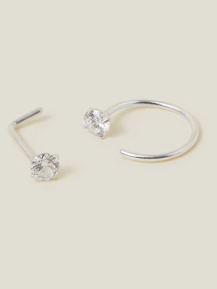 Accessorize Silver Tone Sterling Diamante Nose Stud and Hoop Set - Image 1 of 1