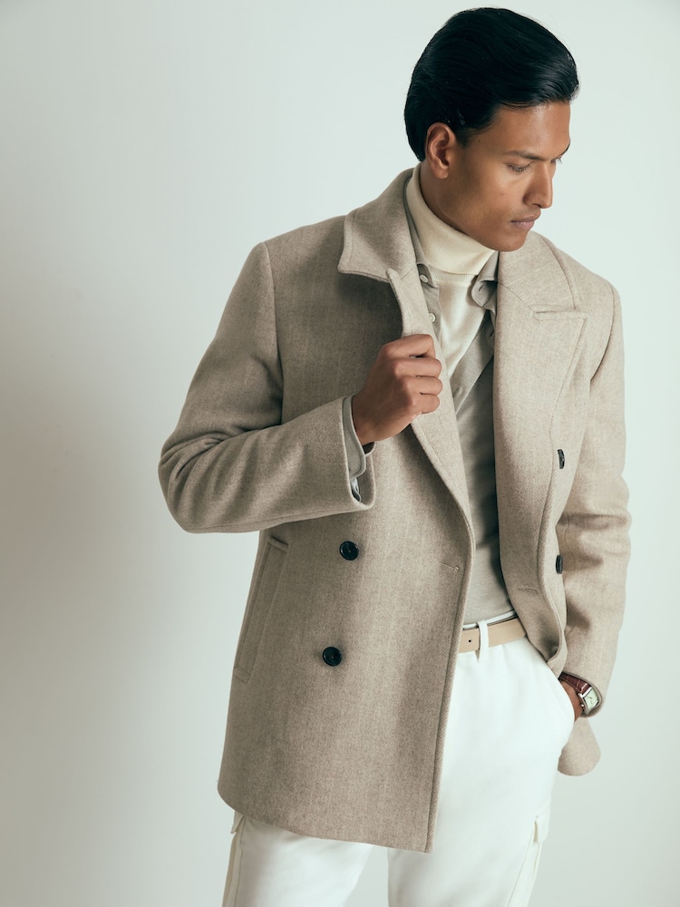 Reiss Oatmeal Fiesole Wool-Blend Pinstripe Pea Coat - Image 1 of 6