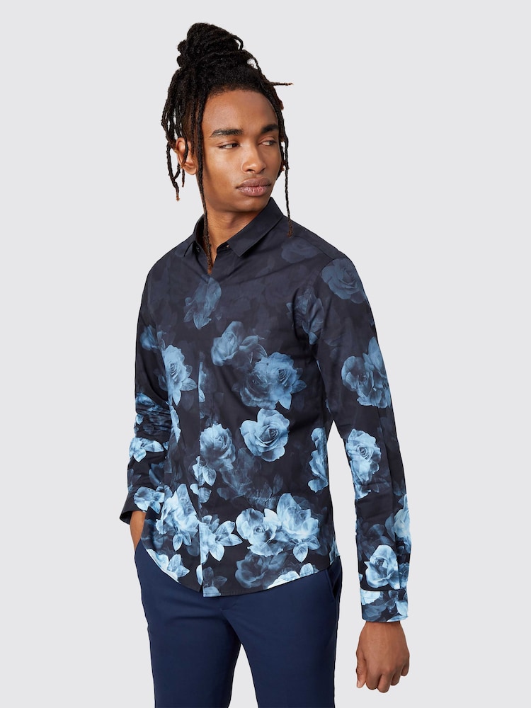 Twisted Tailor Blue Slim Fit Kember Floral 100% Cotton Shirt - Image 1 of 3