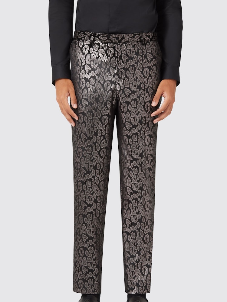 Twisted Tailor Black Slim Fit Ferbane Metallic Leopard Print Trousers - Image 1 of 4