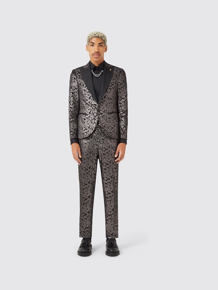 Twisted Tailor Black Slim Fit Ferbane Metallic Leopard Print Trousers - Image 4 of 4